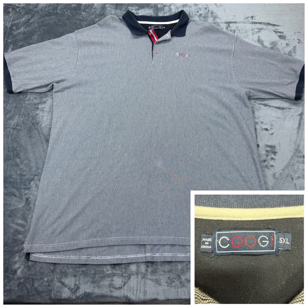 Coogi Mens 5XL Polo Shirt Short Sleeve Cotton Knit‎ Textured Blue White Stripe